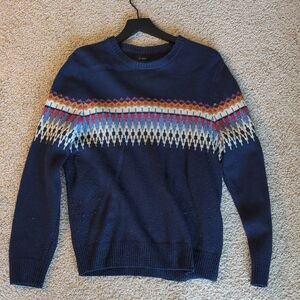 J. Crew Navy Crewneck Sweater with Multicolor Fair Isle Yoke